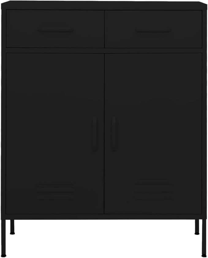 Black Steel Storage Cabinet with Medium Height-Adjustable Shelves, Modern Design for Living Room Office Organization, Durable Metal Furniture with Flexible Modular Assembly
