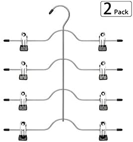 Szxc 2 Pack 4 Tier Skirt Pants Hangers Adjustable Clips Closet Organizer | Chrome frame with black vinyl, non-slip, durable clip hangers for pants & skirts,Space Saving Closet Organizer