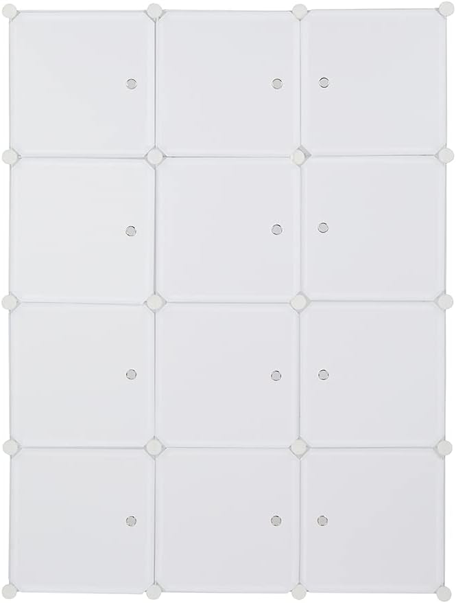 12 Cubes Storage Organizer,Portable Closet Wardrobe,Plastic Clothes Storage Shelves,Modular Bookcase Closet Cabinet,with Doors,for Kitchen, Bedroom, Playroom, Living Room, Office, Dorm (White)