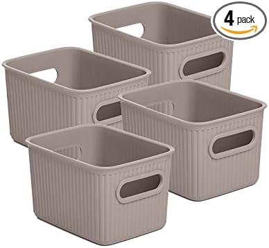Superio Ribbed Collection - Decorative Plastic Basket Open Home Storage Bins Organizer, Small Taupe (4 Pack) Container Boxes for Organizing Closet Storage Bins for Shelves Drawer Shelf 1.5 Liter