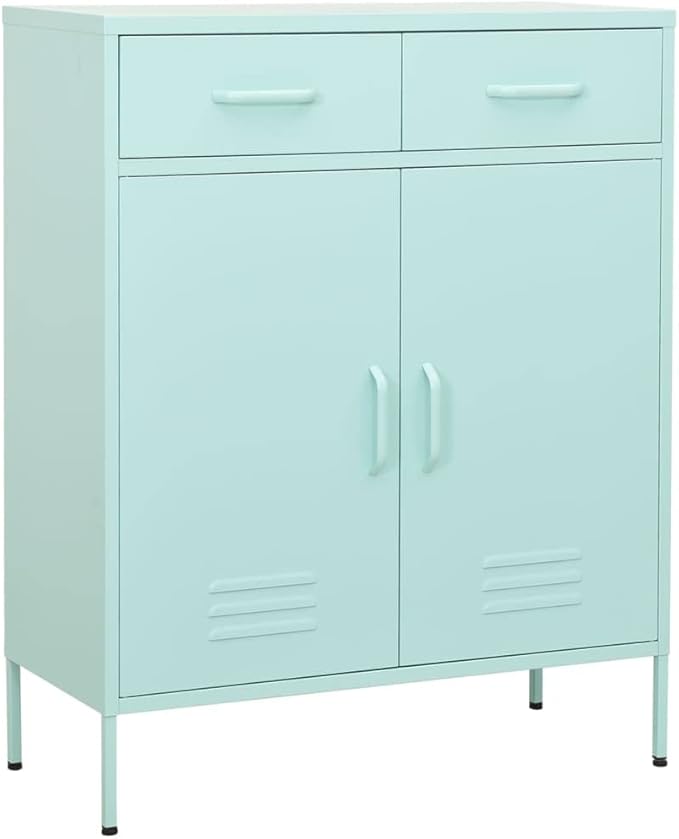Mint Green Steel Storage Cabinet with Adjustable Shelves, 2 Drawers and Open Shelf for Office Living Room Organization, Modern Metal Furniture with Durable Structure and Easy
