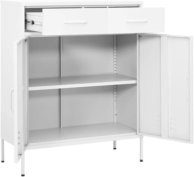 Steel Storage Cabinet White 31.5"x13.8"x40" with 3 Section Drawers for DVDs Multimedia Appliances Books and Small Items, Sturdy Ample Space Organization Unit