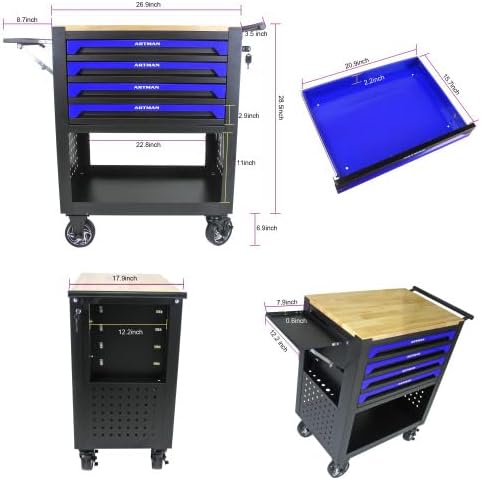 36" Tool Box with Wheels 4 Drawers Rolling Tool Cart, Wooden Top Workbench, 660lbs Total load Tool Cabinet with Locked Drawers Storage Organizer Cabinet for Garage, Warehouse, Repair Shop - Blue