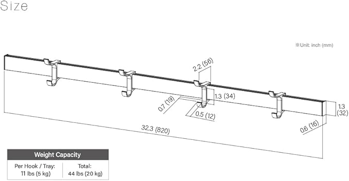 Modern Aluminum Wallmount Organizer, 32.3" Rail with Adjustable 4 Hooks, Wall Rail (Ivory) (Ivory, 32.3" Rail with 4 Hooks)