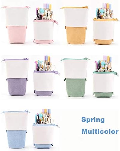 Telescopic Pencil Bag Pen Holder Stationery Case, PU Corduroy Stand-up Retractable Transformer Bag Colorful Organizer, Great for Christmas Holiday (Pink)