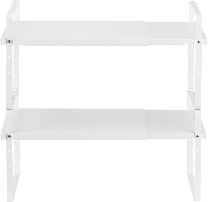 VEVOR Adjustable Kitchen Cabinet Shelf Organizer, Expandable 2 Tier Cabinet Shelf, Stackable Countertop Organizers and Storage Risers, Pantry for Kitchen Bathroom Office, White