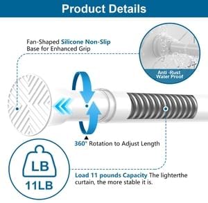Tension Curtain Rod,31-62 Inches White Shower Rod | No Drilling Installation,11 lbs Max Load,7/8inch Spring Rod Diameter, Adjustable for Doorway, Closet, Kitchen,Bathroom