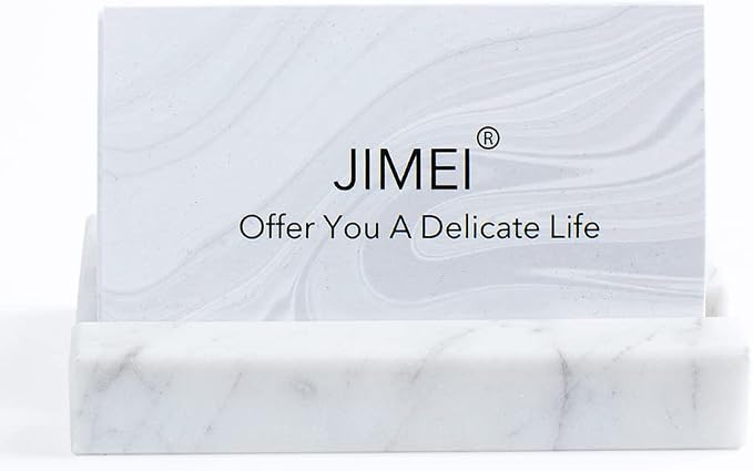 JIMEI Marble Business Card Holder for Desk Organizer Stand 25 Cards Display | White Carrara Marble, holds up to 25 cards,Elegant Minimal Style, Practical Cute Office Desktop Organizer For Men & Women