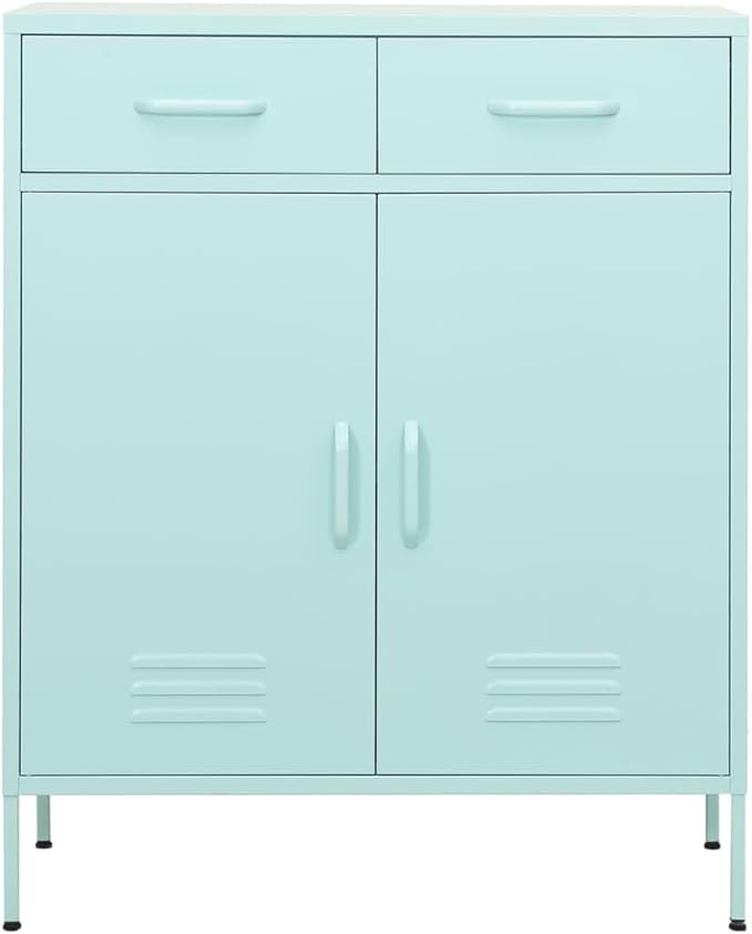 Mint Green Steel Storage Cabinet with Adjustable Shelves, 2 Drawers and Open Shelf for Office Living Room Organization, Durable Metal Structure and Versatile Modern Furniture