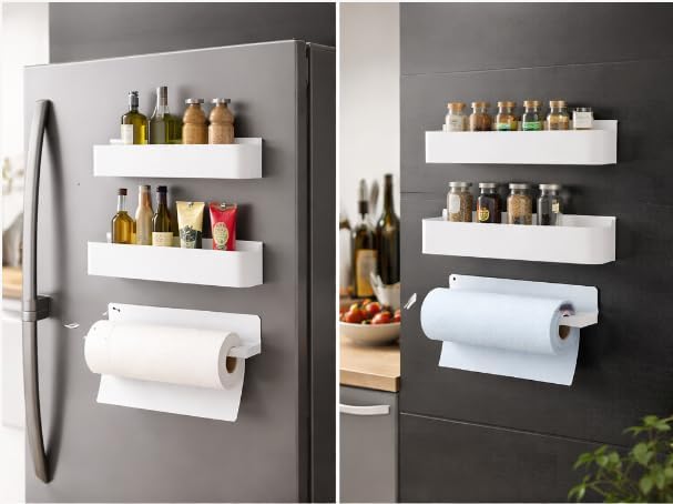 AALFA Magnetic Spice Rack for Refrigerator - Black Fridge Organizer with Paper Towel & Wrap Holder - 4 Bonus Hooks Included - 2 Pack Heavy Duty Side Shelf Storage for Spices, Oils, Foil - White