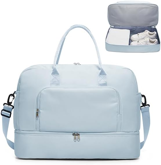 Travel Duffle Bag,Weekender Bags for Women with Shoe Compartment Personal Item Travel Bag Carry on Overnight Bags For Airplanes Gym Duffel Bag with Wet Pocket Hospital Bag for Labor and Delivery Blue