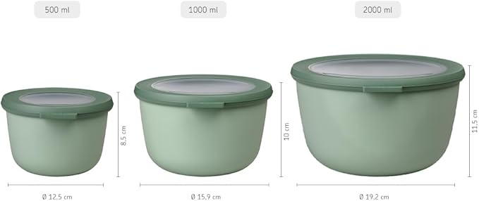 Mepal – Multi Bowl Cirqula 3-Piece Set – Food Storage Container with Lid - Suitable as Airtight Storage Box for Fridge & Freezer, Microwave Container & Servable Dish - 500, 1000, 2000ml - Nordic Green