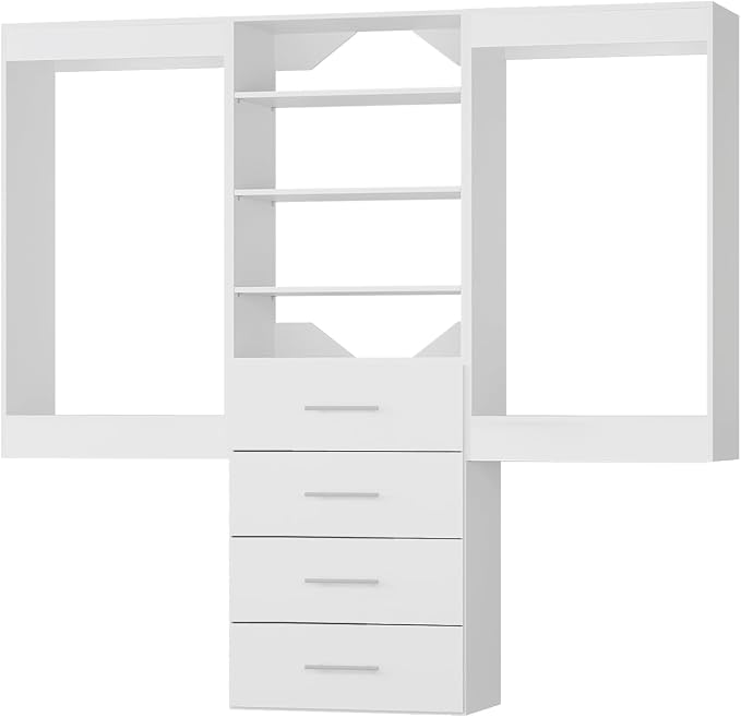 Modular Closet System, 66" Wide Closet Organizer System with Hanging and Drawers, Wood Tower Closet Storage for Walk In Closets, Wall Mounted Wardrobe Organizer Kit System, Bedroom, White