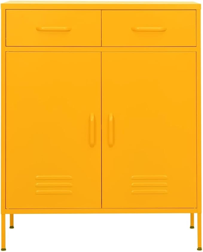Mustard Yellow Steel Storage Cabinet with Adjustable Shelves and Feet, 2 Drawers and 2 Doors for Modern Living Room and Study Organization, Durable Metal Furniture with Wall