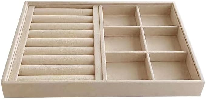 Premium Grade Beige Velvet Jewelry Organization Trays Rings and Accessory Stacklabe Organizer Drawer Insert Closet Divider Table Top