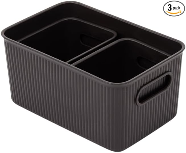 Superio Decorative Plastic Basket Open Home Storage Bins Organizer, Brown (Set of 3) 1 Medium, 2 Small - Container Boxes for Organizing Closet Storage Bins for Shelves - Ribbed Collection