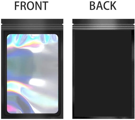 100 Pack Mylar Holographic Packaging Bags Resealable Candy Bags with Clear Window Foil Pouch Bag for Lipgloss, Jewelry, Sample Bag for Small Business (Black, 3x4.7 Inch)