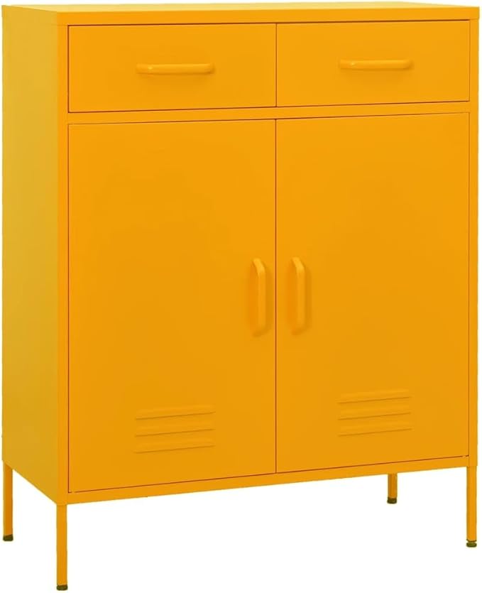 Mustard Yellow Steel Storage Cabinet with Adjustable Shelves and Feet, 2 Drawers and 2 Doors for Modern Living Room and Study Organization, Durable Metal Furniture with Wall