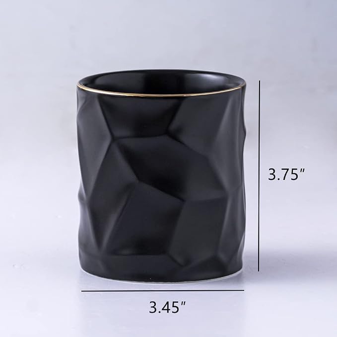 Ceramic Irregular Round Pen Holder For Desk Cute Stand Gold Line Aesthetic Pencil Cup Pot Desk Organizer for Men Women Makeup Brush Holder (Black)