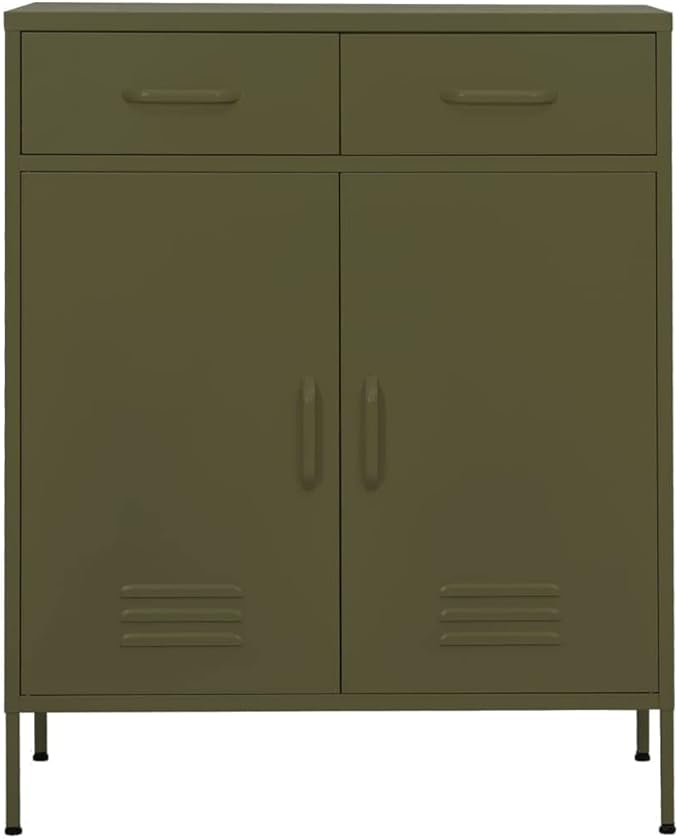 Olive Green Steel Storage Cabinet with Adjustable Shelf and Pull-Out Drawers, Durable Metal Organizer for Home Office, 31.5 x 13.8 x 40.0 Inches