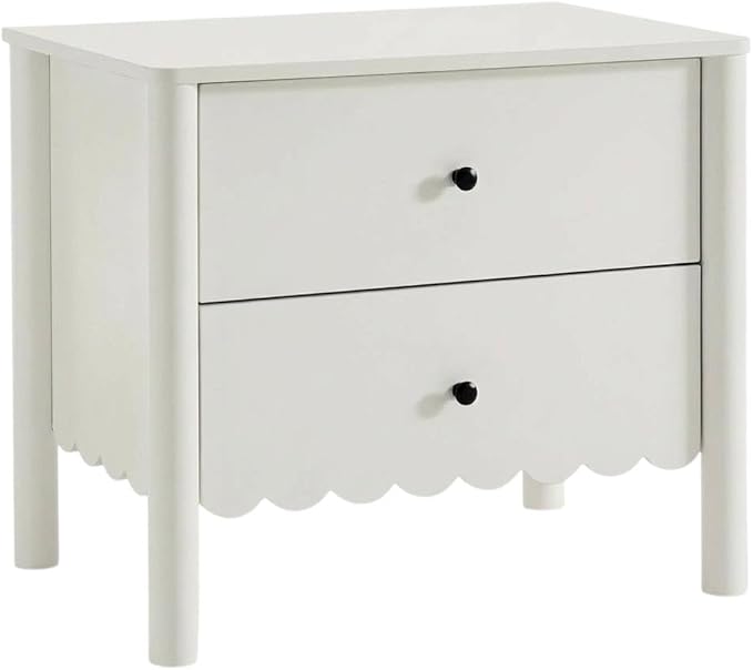 Furnifact White Nightstand, 2 Drawers, Scalloped Design, Spacious Storage, Durable Construction, Elegant Bedroom Furniture, Smooth Drawer Operation