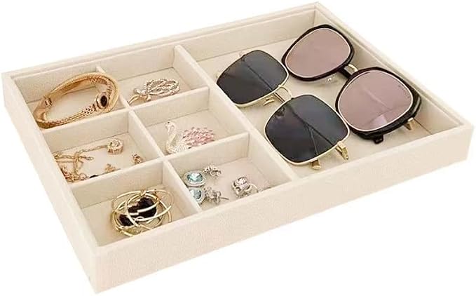 Premium Grade Beige Velvet Jewelry Organization Tray Multifunction 6 Grid Open Tray Drawer Insert Closet Divider Stackable Organizer