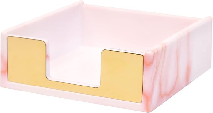 Marble Pink Acrylic Sticky Note Dispenser, 3.82×3.94×1.42 Inch | Fits 3×3 Inch Memo Pads, Holds Up To 300 Sheets, Desktop Organizer with Gold Trim, For Office Use & Daily Work Organization