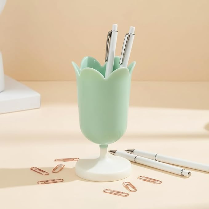 Plastic Tulip Pen Holder Cute Pens Cup for Desk Pen Brush Organizer Office Stationery Supplies Home Decor Desk Supplies Holders and Dispensers (Green)