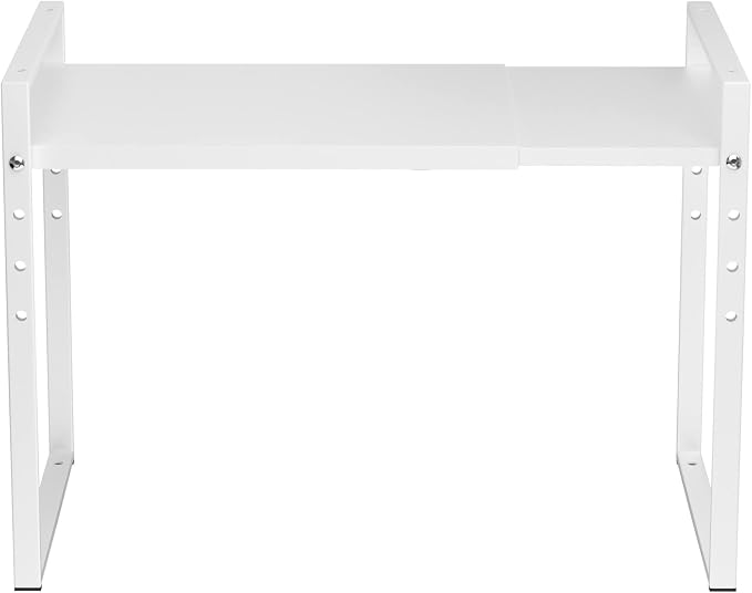 iPEGTOP Extendable Microwave Oven Rack, Adjustable Height Microwave/Toaster Shelf Heavy Duty Metal Pantry Shelf Space Riser Stand Organizer for Kitchen Counter Top Organization, White