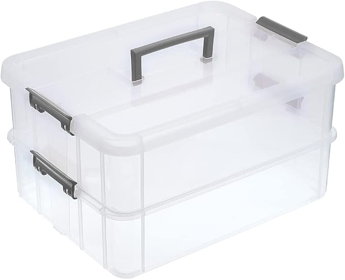 BTSKY 2 Layer Stack & Carry Box, Plastic Multipurpose Portable Storage Container Box Handled Organizer Storage Box for Organizing Stationery, Sewing, Art Craft, Jewelry and Beauty Supplies Dark Grey