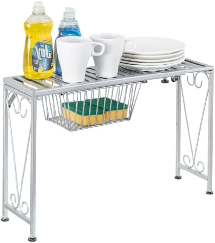 MyGift Silver Metal Over The Sink Organizer Shelf with Pull Out Drawer, Expandable Kitchen Caddy Rack, Bathroom Storage Shelf Riser with Scrollwork Design