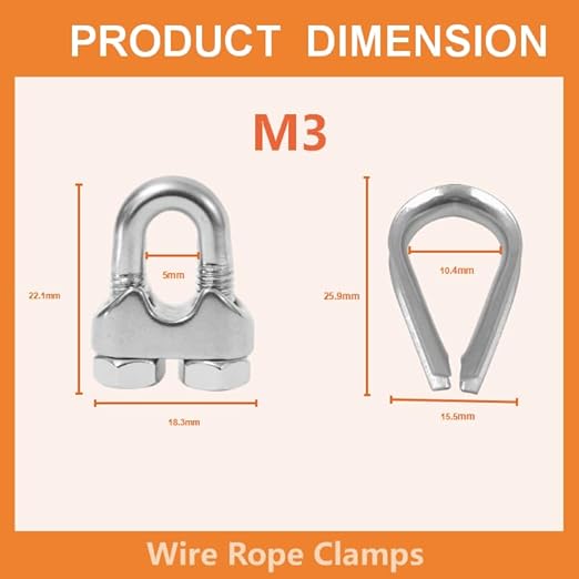 12 Pcs M3 Cable Clamps,Wire Rope Clamp,6 Pcs 1/8“ Thimble | Stainless Steel Smooth Rods for Industry, Metal Working Hobbies and DIY Craft