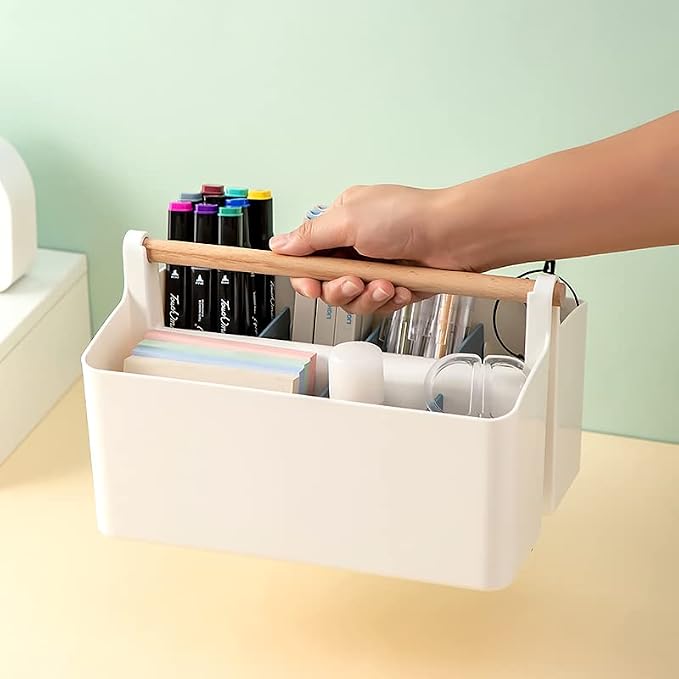 Vidifor 2 pcs Large Art Caddy Tote with Handle, DIY Divided Basket, Desk and Dorm Caddy for Craft Supplies, Colored Pencils, Markers, Makeup, Office Storage Supplies (Pink/Blue Dividers)