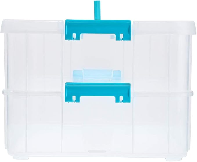 BTSKY 2 Layer Stack & Carry Box, Plastic Multipurpose Portable Storage Container Box Handled Organizer Storage Box for Organizing Stationery, Sewing, Art Craft, Jewelry and Beauty Supplies Blue