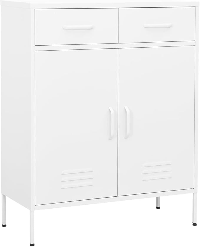 Steel Storage Cabinet White 31.5"x13.8"x40" with 3 Section Drawers for DVDs Books Multimedia Appliances and Small Items, Sturdy Metal Organizer for Home Office
