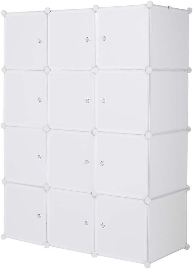 12 Cubes Storage Organizer,Portable Closet Wardrobe,Plastic Clothes Storage Shelves,Modular Bookcase Closet Cabinet,with Doors,for Kitchen, Bedroom, Playroom, Living Room, Office, Dorm (White)