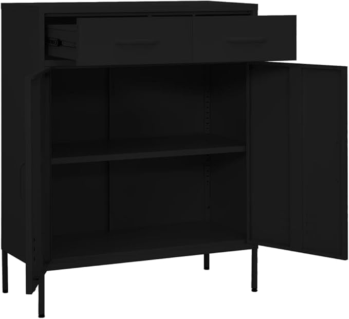 Black Steel Storage Cabinet with Medium Height-Adjustable Shelves for Home Office Organization, Modern Design Furniture with Sturdy Build and Wall Mounting Kit