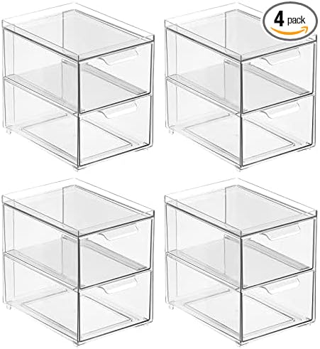 mDesign Stackable Storage Containers Box with 2 Pull-Out Drawers - Stacking Plastic Drawer Bins for Closet Organization, Linen, Coat, Bedroom or Entryway Closets - Lumiere Collection - 4 Pack, Clear