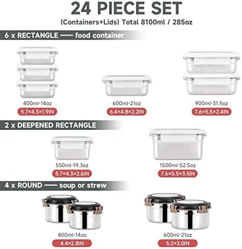 Cykorxicc 12PC 304 Stainless Steel Food Storage Containers with Lids Leakproof, Meal Prep Container Airtight, Lunch Boxes, Kimchi Containers for food storage Nestable | Oven/Dishwsher/Freezer Safe