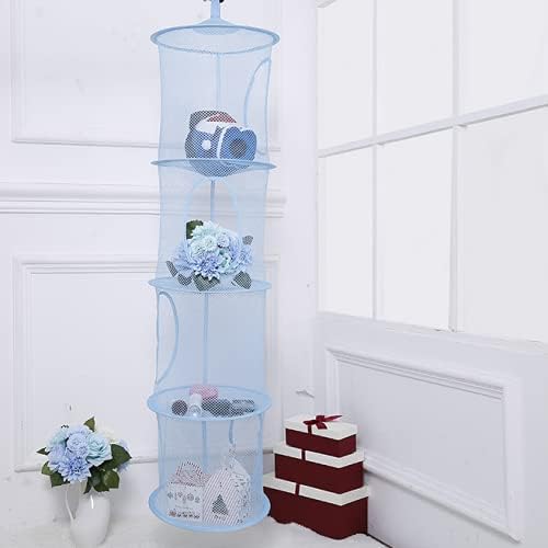 4 Tier Storage Organizer,43.5 x12 Inch Hanging Mesh Storage Basket with 2 Inch Screw-in Hooks,Folding Basket for Toys or Store Gloves,Shawls, Hats and Mittens, Attaches Easily to Any Rod (Blue)
