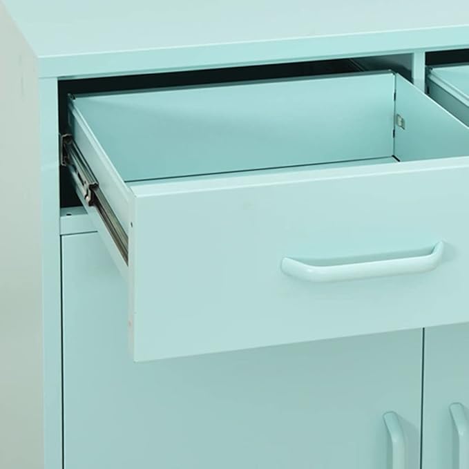 Mint Green Steel Storage Cabinet with Adjustable Shelves, 2 Drawers and Open Shelf for Office Living Room Organization, Modern Metal Furniture with Durable Structure and Easy