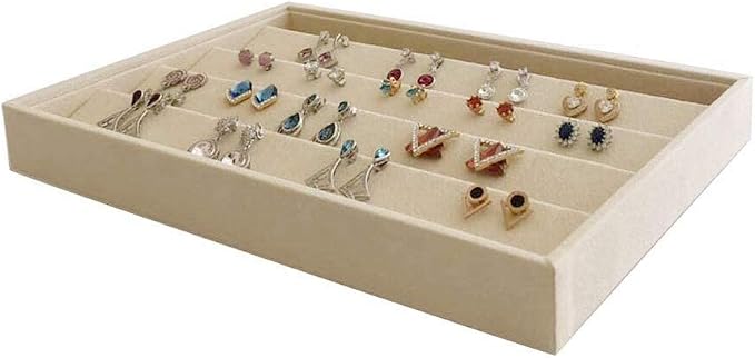 Premium Grade Beige Velvet Jewelry Organization Tray for Earrings Drawer Insert Stackable Closet Organizer