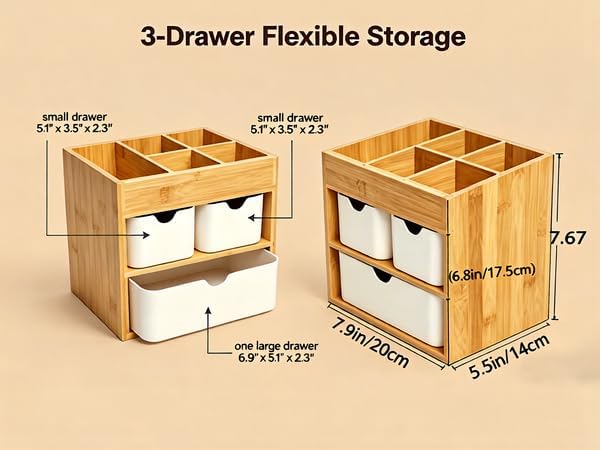 Bamboo Makeup Organizer with 3 Drawers | Wood Makeup Organizer, Dresser Cosmetic Box Organizer, For Home, Adjustable Dividers