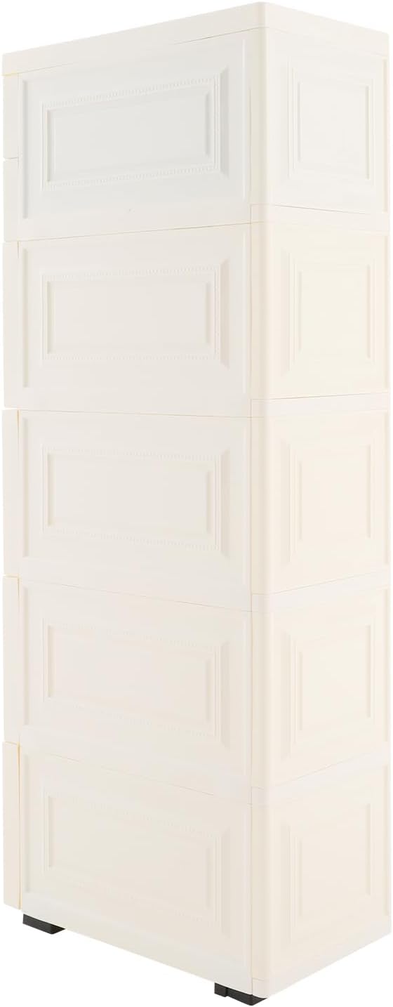 5-Tier Plastic Drawers Storage Dresser, 33"H Narrow Slim Storage Organizer Vertical Drawer Unit, Rolling Thin Storage Tower with Wheels for Small Spaces Gaps Home Furniture (White)
