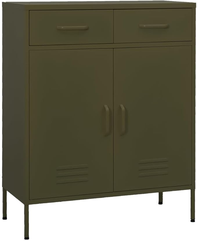 Olive Green Steel Storage Cabinet with Adjustable Shelf and Two Drawers, 31.5 x 13.8 x 40.0 Inches, Durable Metal Organizer for Home Office, Smooth Ball Bearing Glide System,