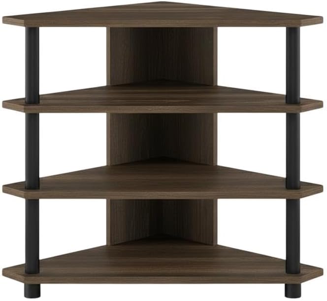 Furnifact White 4-Tier Petite TV Stand, Wood, Modern Design, Walnut/Black Finish, Space-Saving, Durable Storage