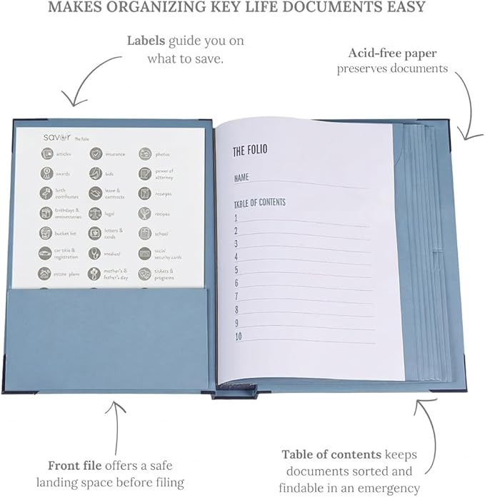 The Folio® If I Die Binder Organizer with Labels by Savor | Acid-Free Important Document Organizer with 10 Pockets, Document Holder for Birth Certificate, Wills, and Investment Plans (Blue)