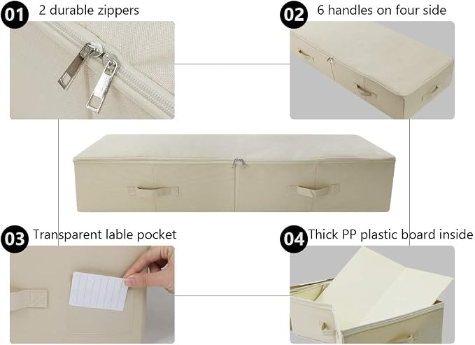39.4" Folding Under Bed Storage Organizer Baskets for Closet, Bedding,Beige | Pack of 2, 39.4"X16.9"X7",Foldable & Washable Underbed Storage Organizer Containers for Clothing, Shoes, Bedding, Bedroom