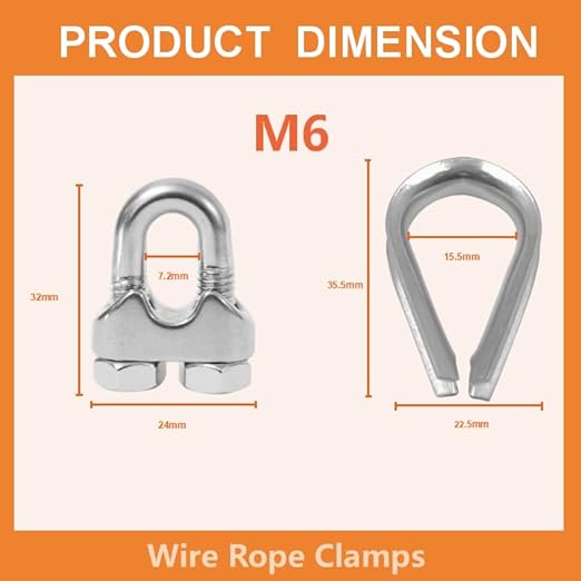 8 Pcs M6 Cable Clamps,Wire Rope Clamp,4 Pcs 1/4" Thimble | Stainless Steel Smooth Rods for Industry, Metal Working Hobbies and DIY Craft