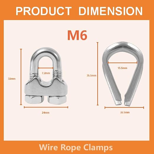 12 Pcs M6 Cable Clamps,Wire Rope Clamp,6Pcs 1/4" Thimble
